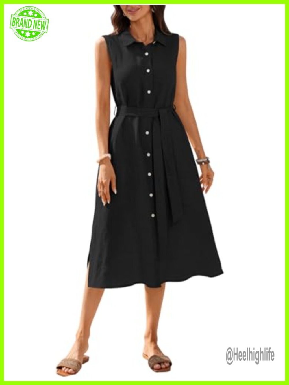 100% Linen Midi Dress Button Down Collared Sleeveless Split Belt Pockets